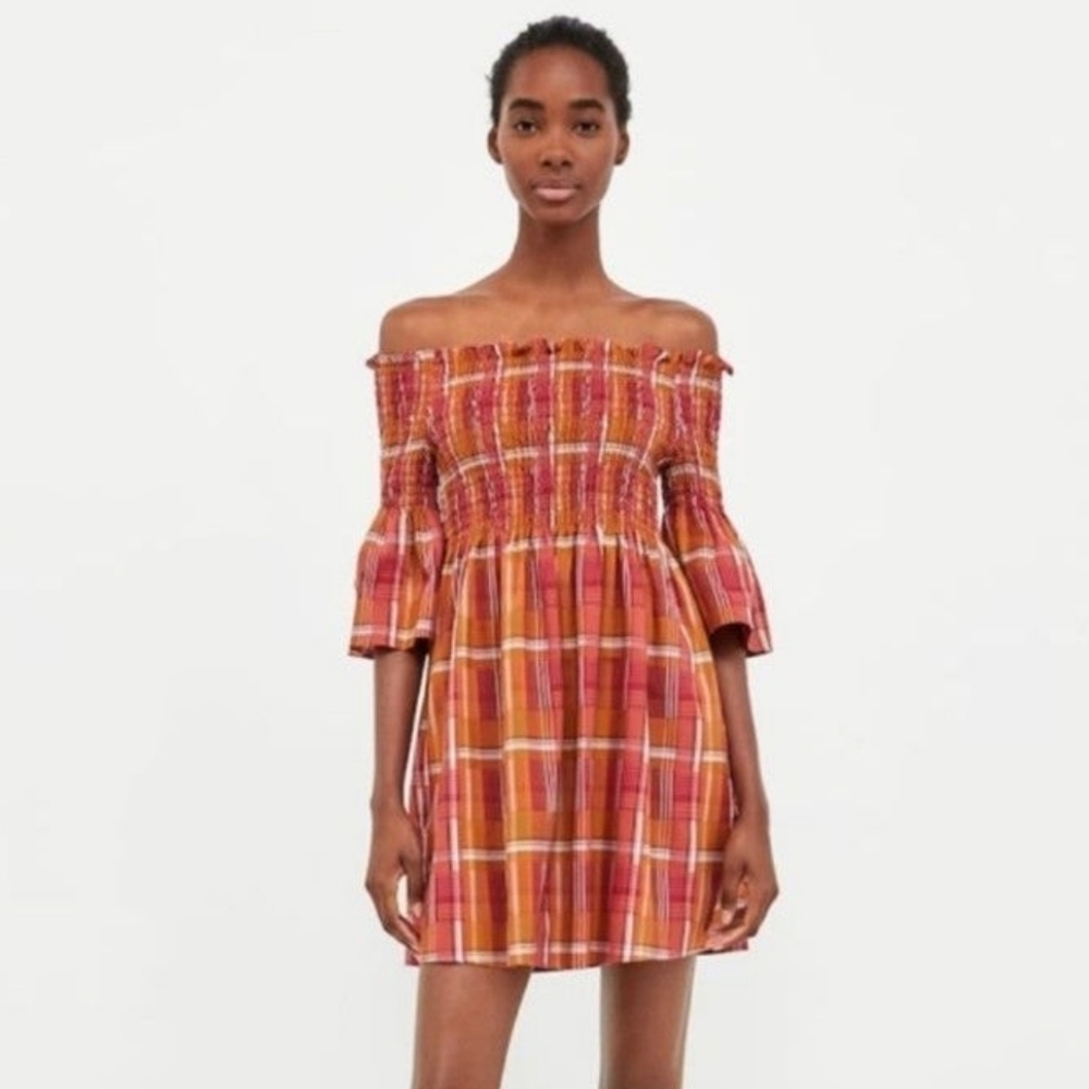 Zara Plaid Smocked Off Shoulder Mini Dress XS